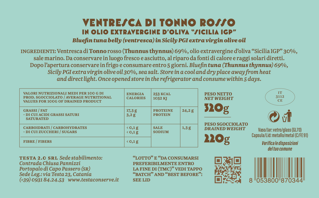 Roter Thunfisch in Bio-Olivenöl nativ extra "Sicilia IGP" - Bauchfleisch, 320 g
