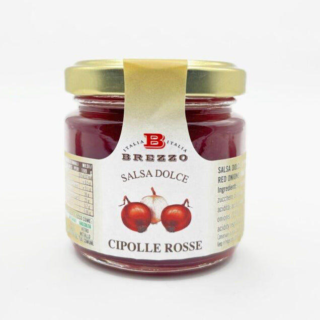 Süß-würzige Sauce aus roten Zwiebeln von Brezzo für Käseplatten und Fleischgerichte.