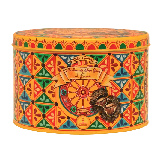 Il Panettone alle Castagne Glassate e al Gianduia – Dolce&Gabbana Sammlerdose mit sizilianischem Karren und Kastanien-Motiv