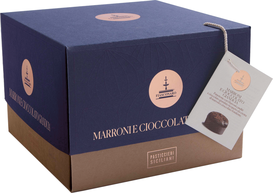 Marron Noir – sizilianischer Panettone mit kandierten Marroni, Gianduia und Glasur aus Kastaniencreme und Zartbitterschokolade