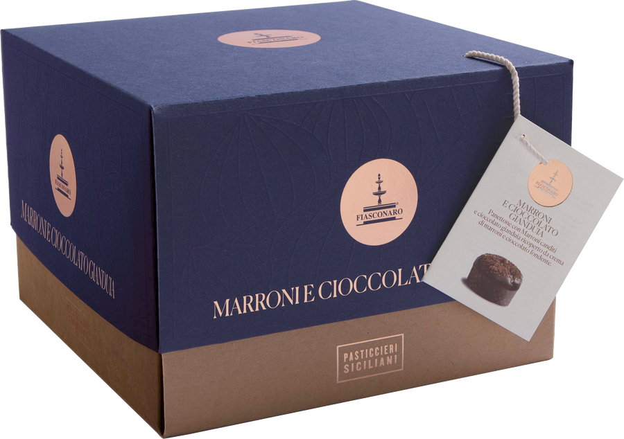 Marron Noir – sizilianischer Panettone mit kandierten Marroni, Gianduia und Glasur aus Kastaniencreme und Zartbitterschokolade