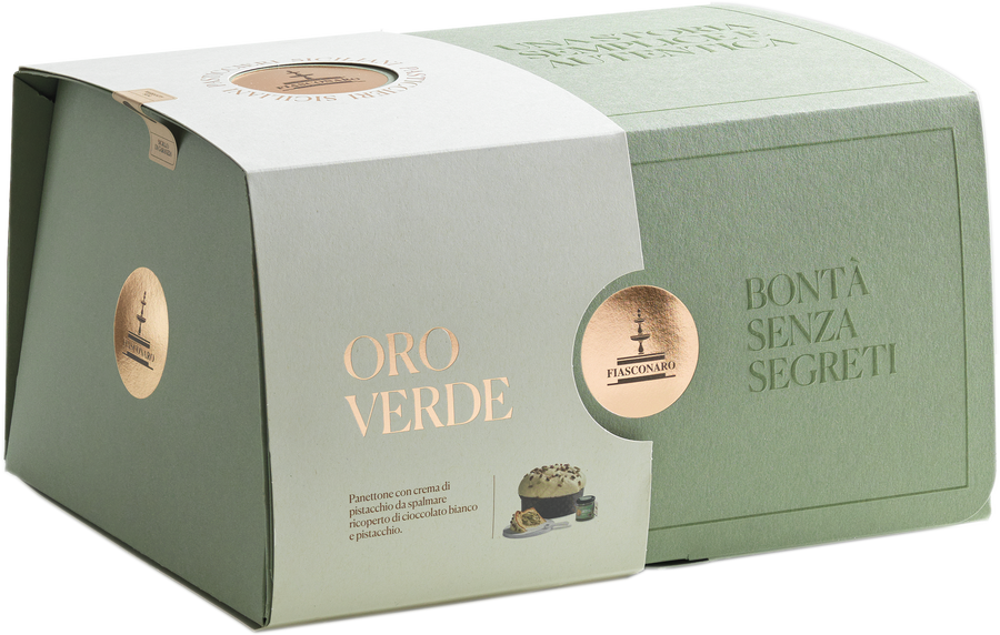 Oro Verde – sizilianischer Panettone mit weißer Glasur, Pistazien und einem Glas Pistaziencreme