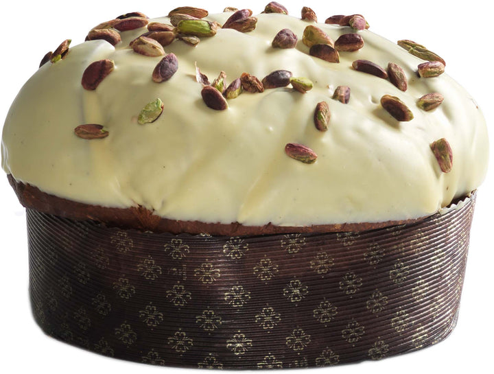 Oro Verde – sizilianischer Panettone mit weißer Glasur, Pistazien und einem Glas Pistaziencreme