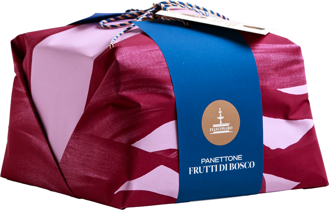 Panettone Frutti di Bosco – sizilianischer Panettone mit Waldbeeren, weißer Schokoladenglasur und Schokoladenperlen