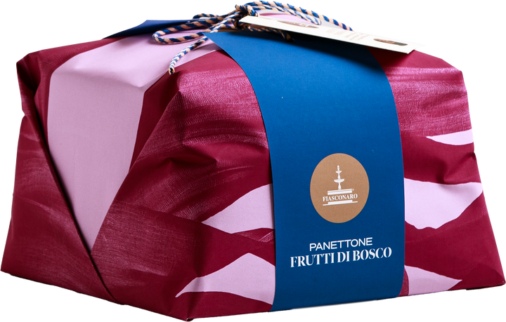 Panettone Frutti di Bosco – sizilianischer Panettone mit Waldbeeren, weißer Schokoladenglasur und Schokoladenperlen