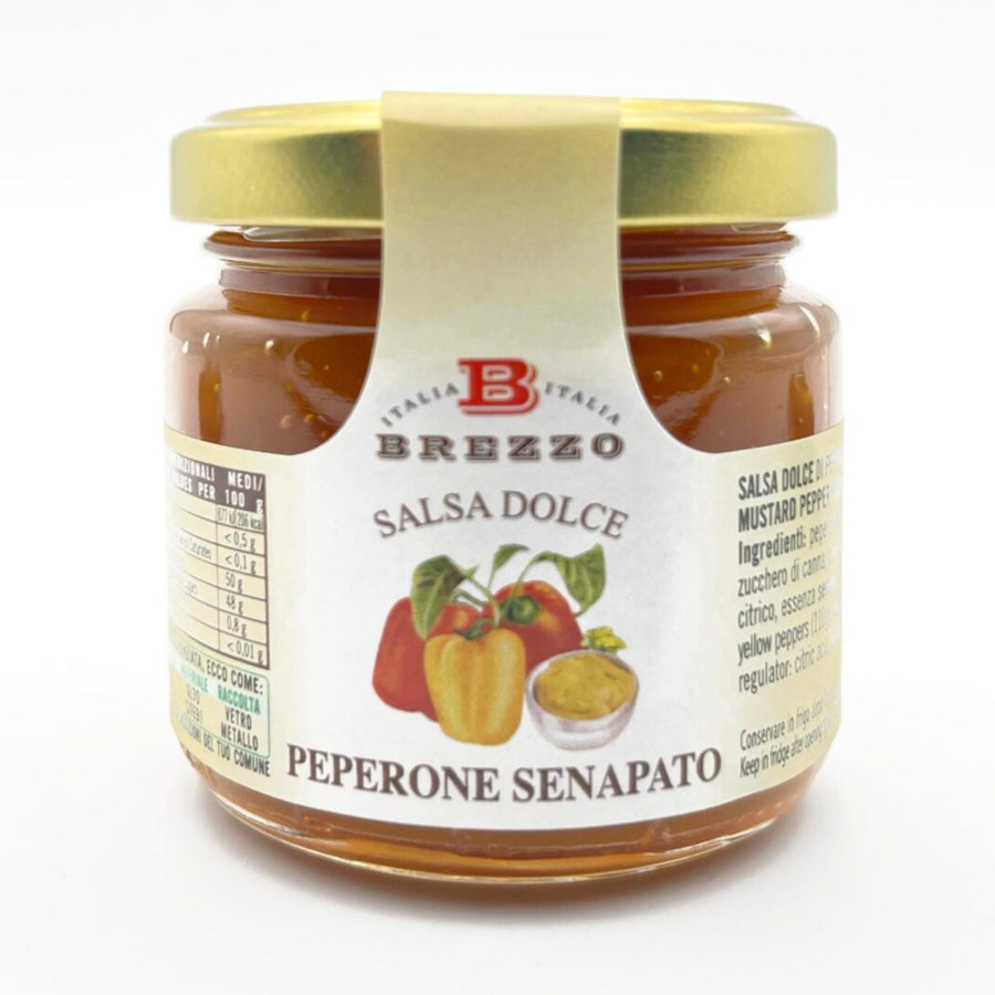 Süß-würzige Konfitüre aus gelben Paprika mit Senf-Essenz für die italienische Käseplatte