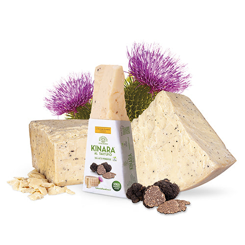Kinara Hartkäse mit schwarzem Trüffel, hergestellt mit pflanzlichem Artischocken-Lab