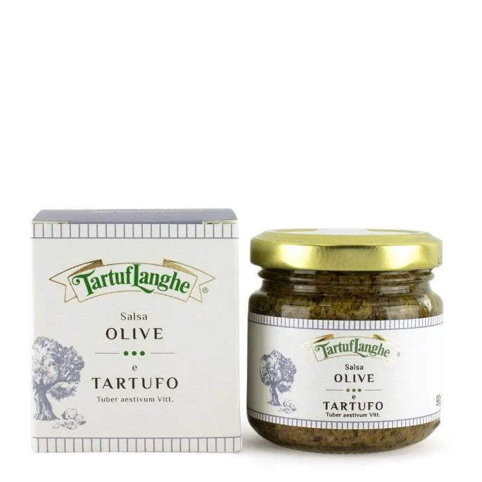 Italienische Oliven-Trüffel-Salsa mit Sommertrüffel, Kapern und Sardellen für Bruschetta.
