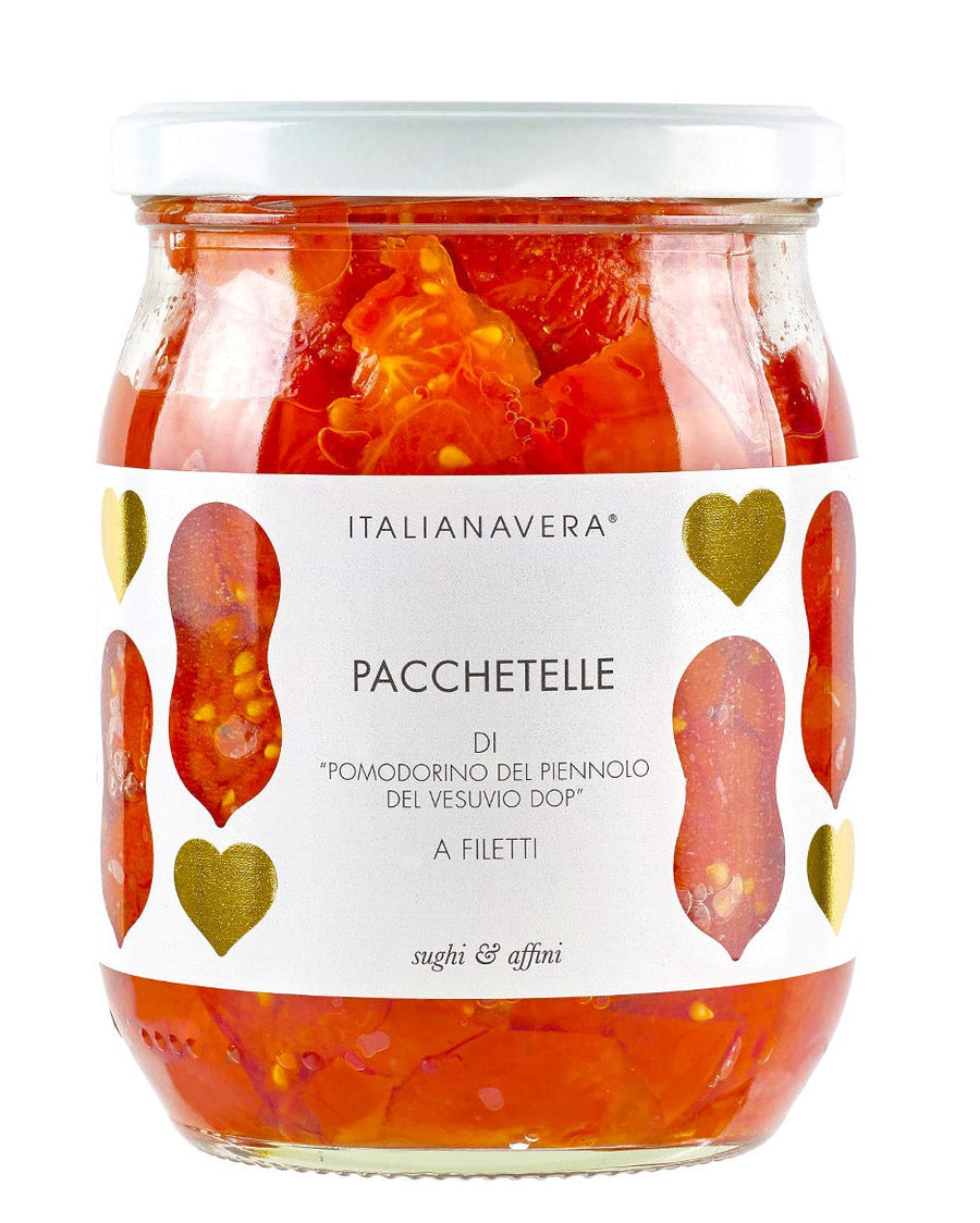 Pacchetelle Tomatenfilets vom Vesuv von Italianavera in Längsstreifen, kampanische Spezialität