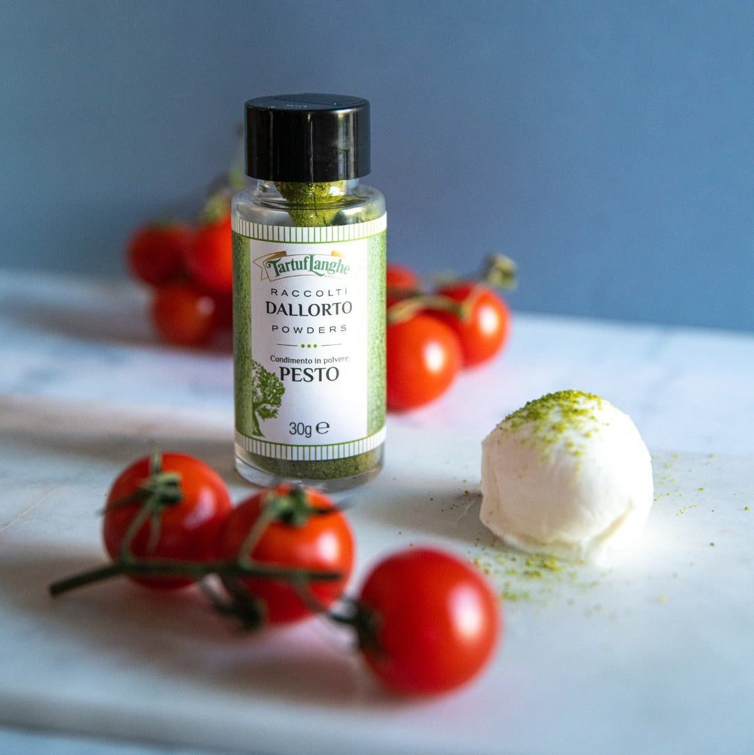 Tartuflanghe Pesto in Polvere DALLORTO® – Verpackung des gefriergetrockneten Pestopulvers mit DOP-Zutaten, 30 g