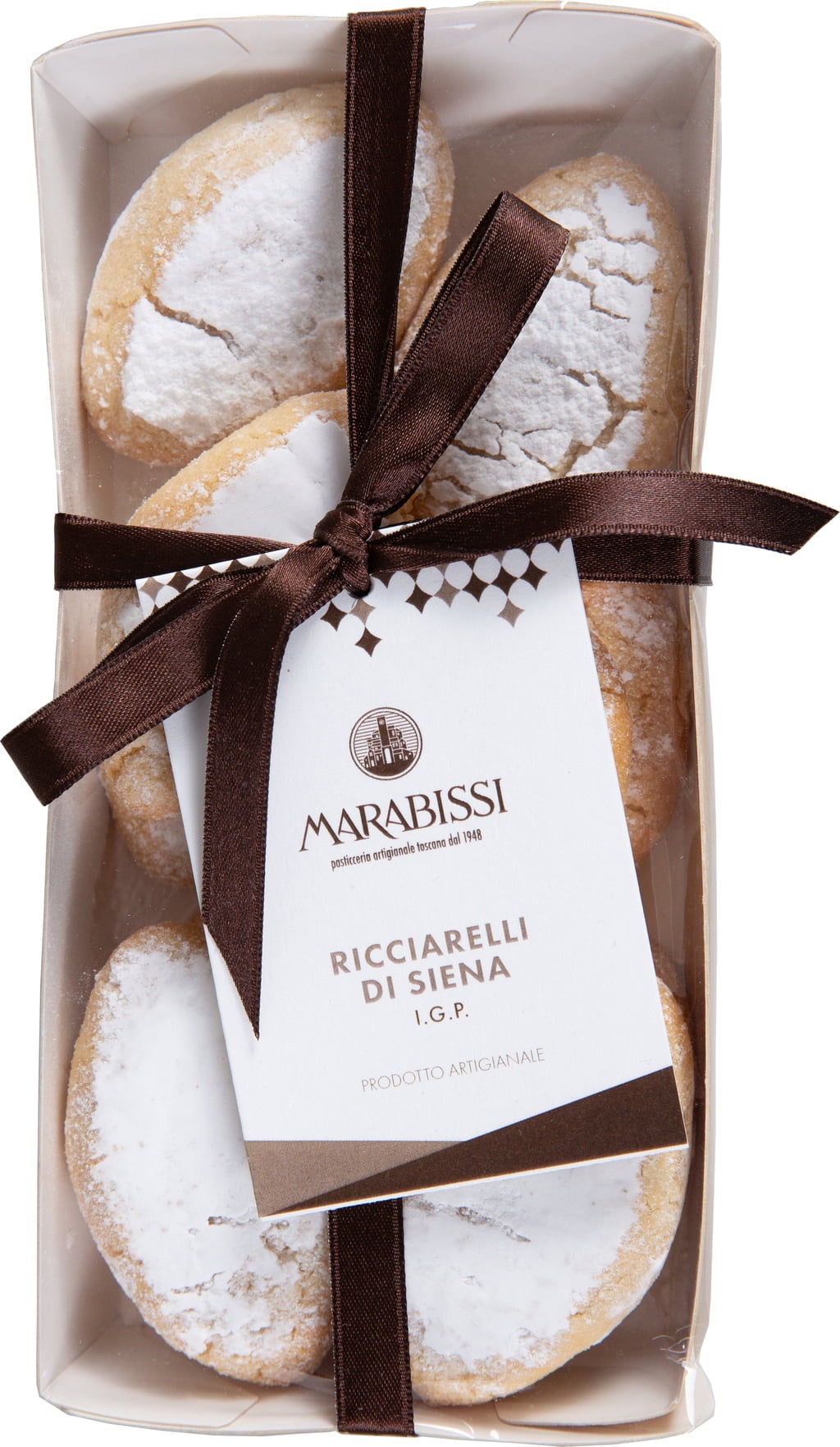 Marabissi Ricciarelli di Siena, weiches italienisches Mandelgebäck in eleganter Geschenkverpackung.