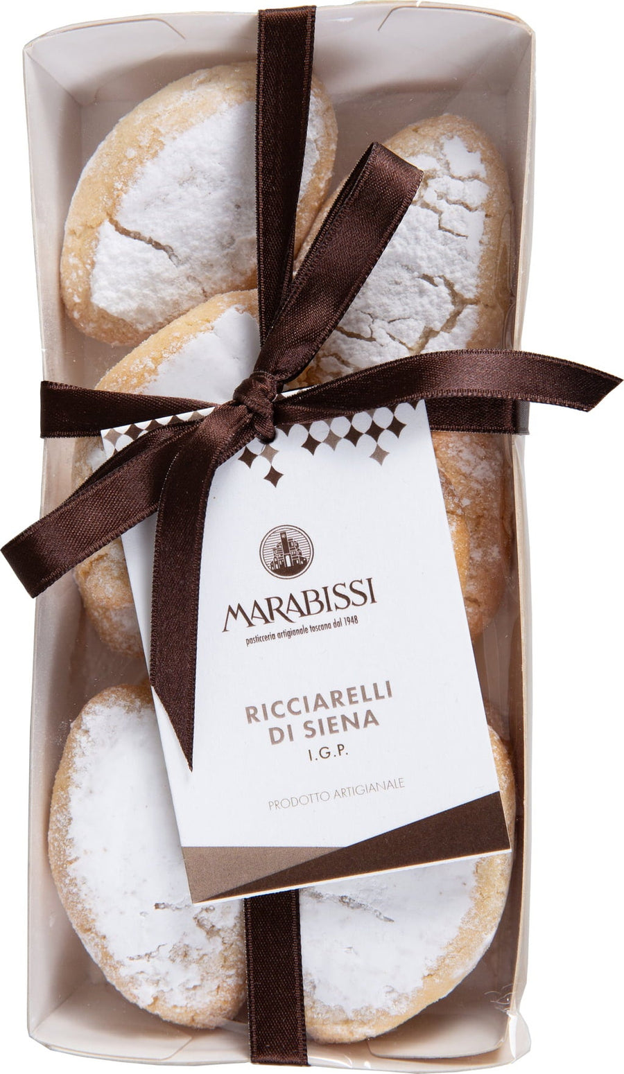 Marabissi Ricciarelli di Siena, weiches italienisches Mandelgebäck in eleganter Geschenkverpackung.